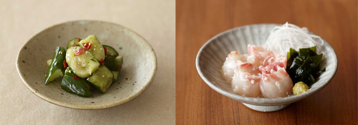 左:たたききゅうりのかぐら辛っ子和え/ 右:真鯛の塩こうじ漬け